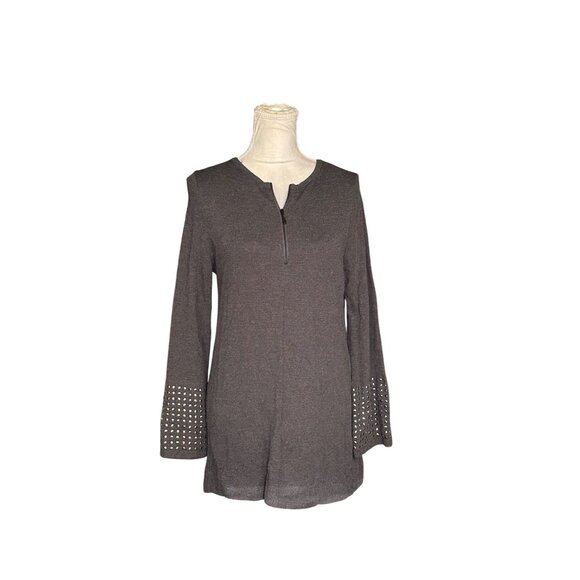 Nic And Zoe Studded Cuff Tunic Top Bell Sleeves Pockets Gray Sz PM - Picture 2 of 10